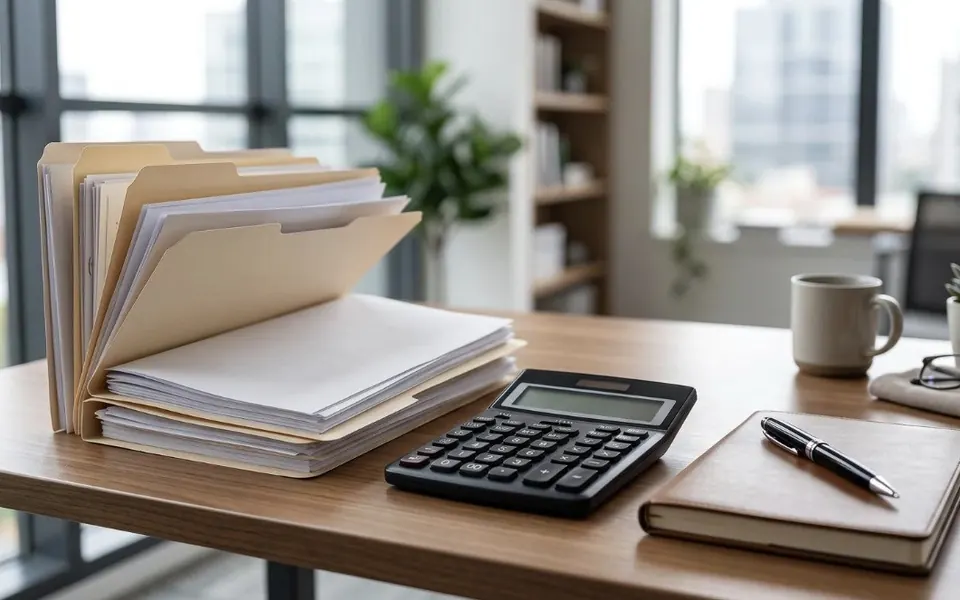 Bureau rangé&nbsp;: dossiers classés, calculatrice et carnet