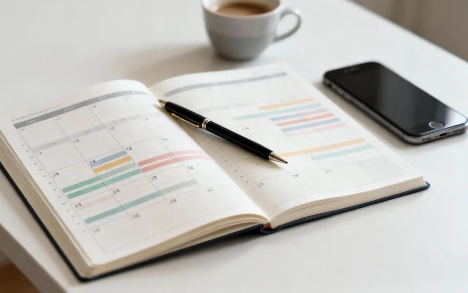 Agenda ouvert avec un stylo et un téléphone