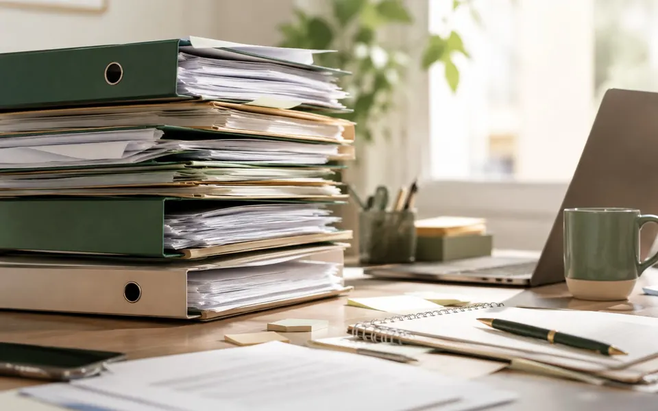 Pile de classeurs et de dossiers sur un bureau